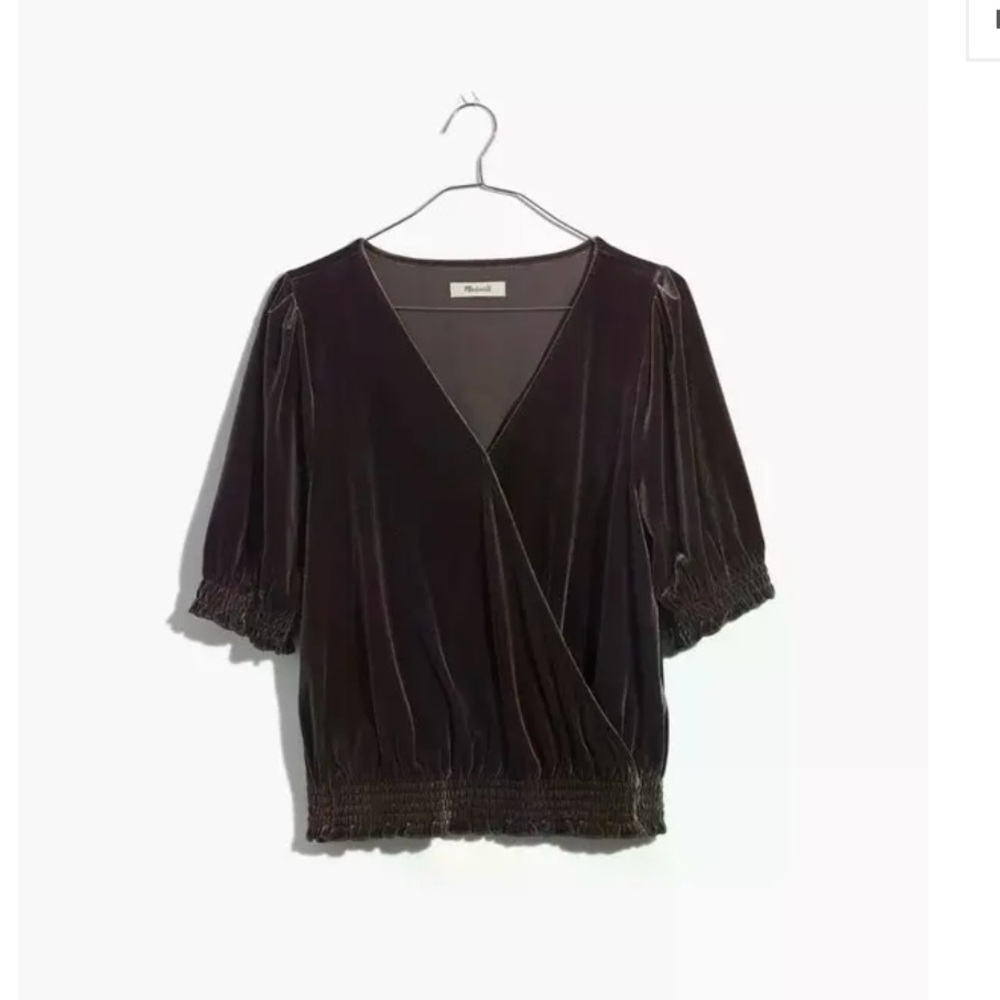Madewell Smocked Velvet Crossover Top Dark Metal
